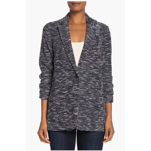 Max Studio Navy Blue Tweed 3/4 Ruched Sleeve Blazer Size M Jacket Pockets